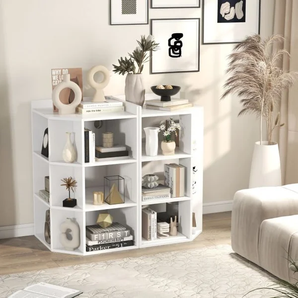 Étagère d'Angle 3 Niveaux avec Station de Charge Étagère Ouverte en Bois avec 9 Compartiments 2 Ports USB 4 Prises Rangement Cube Blanc/Gris