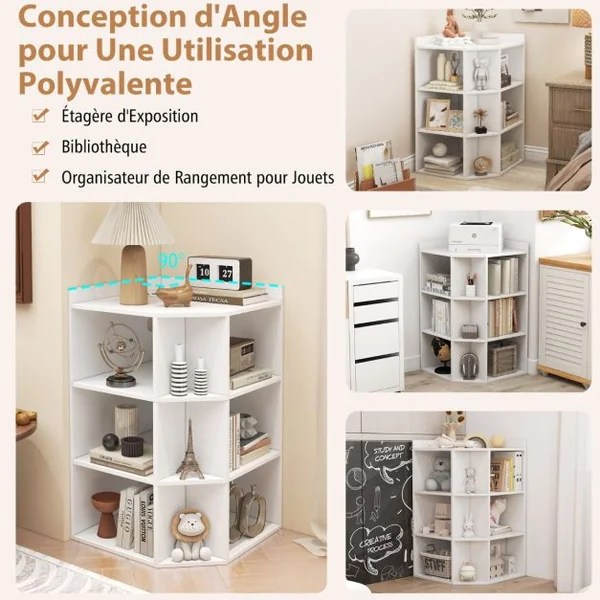 Étagère d'Angle 3 Niveaux avec Station de Charge Étagère Ouverte en Bois avec 9 Compartiments 2 Ports USB 4 Prises Rangement Cube Blanc/Gris