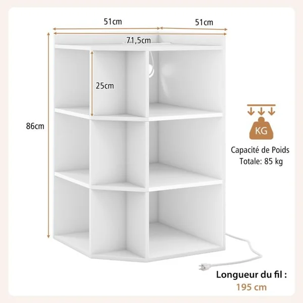 Étagère d'Angle 3 Niveaux avec Station de Charge Étagère Ouverte en Bois avec 9 Compartiments 2 Ports USB 4 Prises Rangement Cube Blanc/Gris