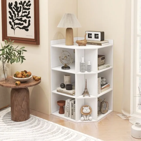 Étagère d'Angle 3 Niveaux avec Station de Charge Étagère Ouverte en Bois avec 9 Compartiments 2 Ports USB 4 Prises Rangement Cube Blanc/Gris