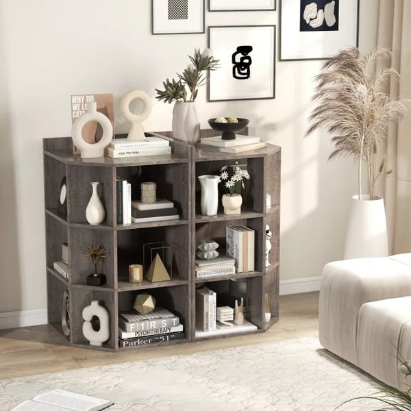 Étagère d'Angle 3 Niveaux avec Station de Charge Étagère Ouverte en Bois avec 9 Compartiments 2 Ports USB 4 Prises Rangement Cube Blanc/Gris
