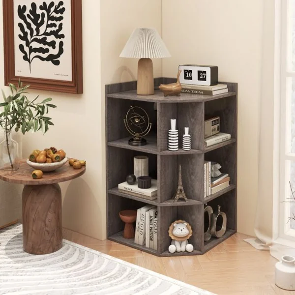 Étagère d'Angle 3 Niveaux avec Station de Charge Étagère Ouverte en Bois avec 9 Compartiments 2 Ports USB 4 Prises Rangement Cube Blanc/Gris