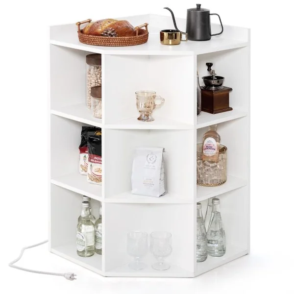Étagère d'Angle 3 Niveaux avec Station de Charge Étagère Ouverte en Bois avec 9 Compartiments 2 Ports USB 4 Prises Rangement Cube Blanc/Gris
