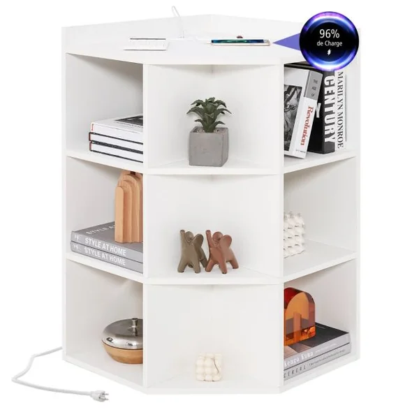 Étagère d'Angle 3 Niveaux avec Station de Charge Étagère Ouverte en Bois avec 9 Compartiments 2 Ports USB 4 Prises Rangement Cube Blanc/Gris