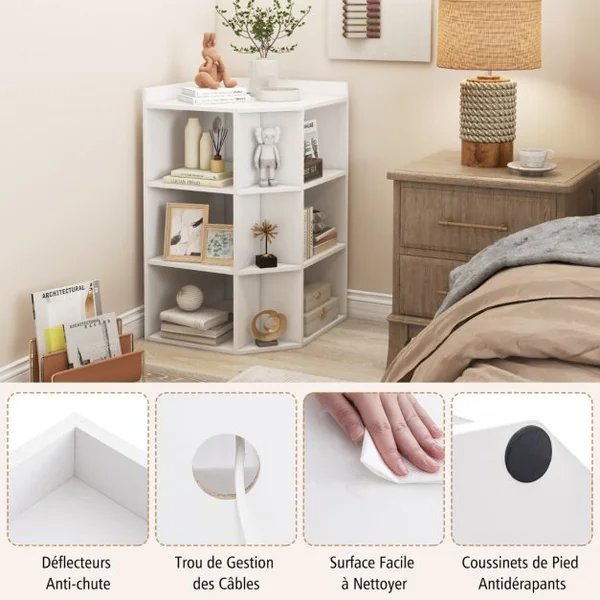 Étagère d'Angle 3 Niveaux avec Station de Charge Étagère Ouverte en Bois avec 9 Compartiments 2 Ports USB 4 Prises Rangement Cube Blanc/Gris