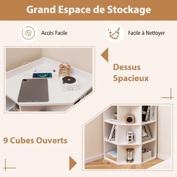 Étagère d'Angle 3 Niveaux avec Station de Charge Étagère Ouverte en Bois avec 9 Compartiments 2 Ports USB 4 Prises Rangement Cube Blanc/Gris