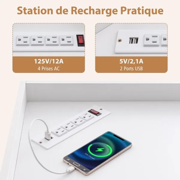Étagère d'Angle 3 Niveaux avec Station de Charge Étagère Ouverte en Bois avec 9 Compartiments 2 Ports USB 4 Prises Rangement Cube Blanc/Gris
