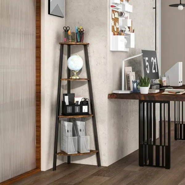 Étagère d'Angle 4 Niveaux Pieds Réglables Dispositif Anti-basculement Bibliothèque Industrielle 126CM Marron Rustique