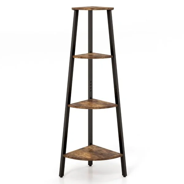 Étagère d'Angle 4 Niveaux Pieds Réglables Dispositif Anti-basculement Bibliothèque Industrielle 126CM Marron Rustique
