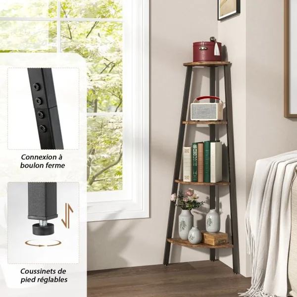Étagère d'Angle 4 Niveaux Pieds Réglables Dispositif Anti-basculement Bibliothèque Industrielle 126CM Marron Rustique