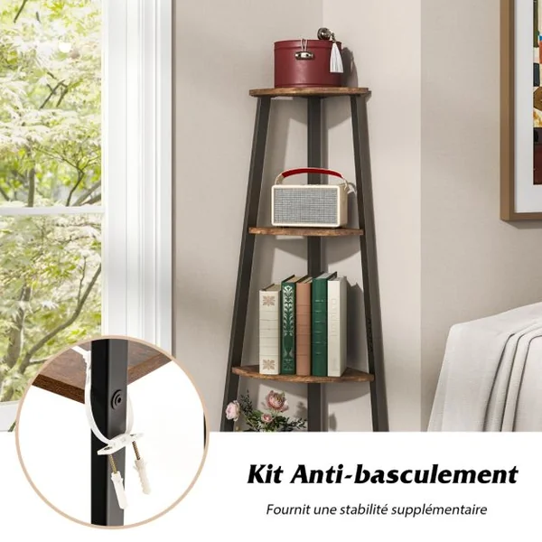 Étagère d'Angle 4 Niveaux Pieds Réglables Dispositif Anti-basculement Bibliothèque Industrielle 126CM Marron Rustique