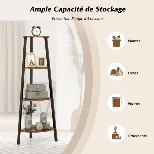 Étagère d'Angle 4 Niveaux Pieds Réglables Dispositif Anti-basculement Bibliothèque Industrielle 126CM Marron Rustique