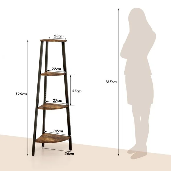 Étagère d'Angle 4 Niveaux Pieds Réglables Dispositif Anti-basculement Bibliothèque Industrielle 126CM Marron Rustique