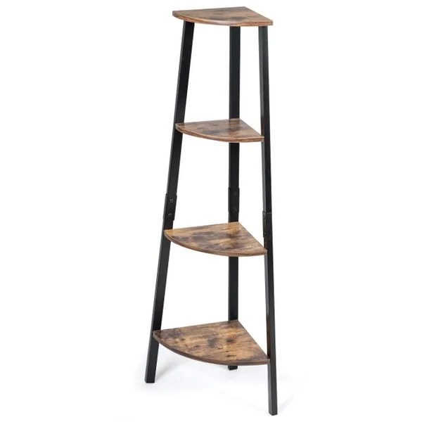 Étagère d'Angle Bibliothèque à 4 Niveaux 32,5 x 32,5 x 125 CM avec Cadre en Fer pour Maison Salon Chambre Balcon Rétro
