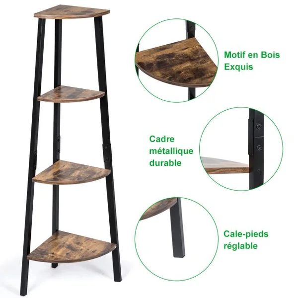 Étagère d'Angle Bibliothèque à 4 Niveaux 32,5 x 32,5 x 125 CM avec Cadre en Fer pour Maison Salon Chambre Balcon Rétro