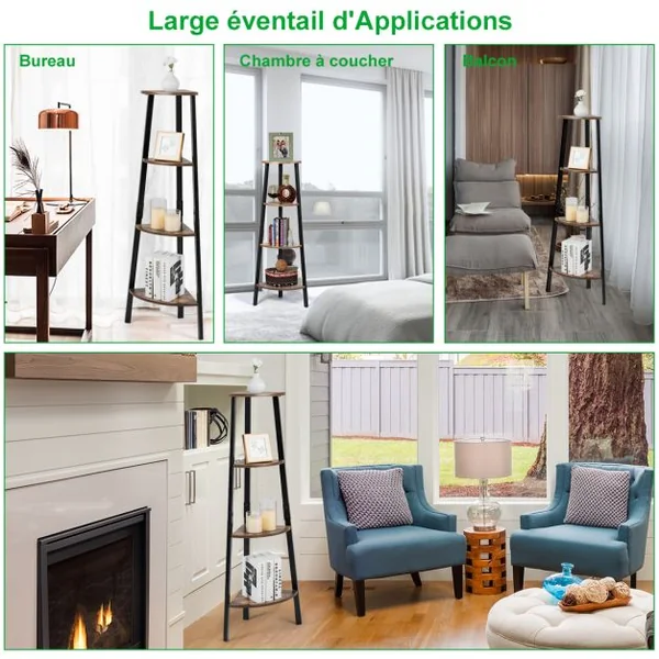 Étagère d'Angle Bibliothèque à 4 Niveaux 32,5 x 32,5 x 125 CM avec Cadre en Fer pour Maison Salon Chambre Balcon Rétro