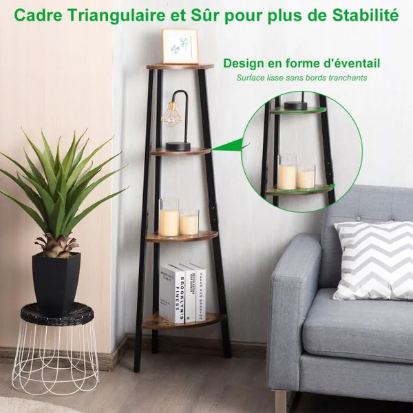 Étagère d'Angle Bibliothèque à 4 Niveaux 32,5 x 32,5 x 125 CM avec Cadre en Fer pour Maison Salon Chambre Balcon Rétro