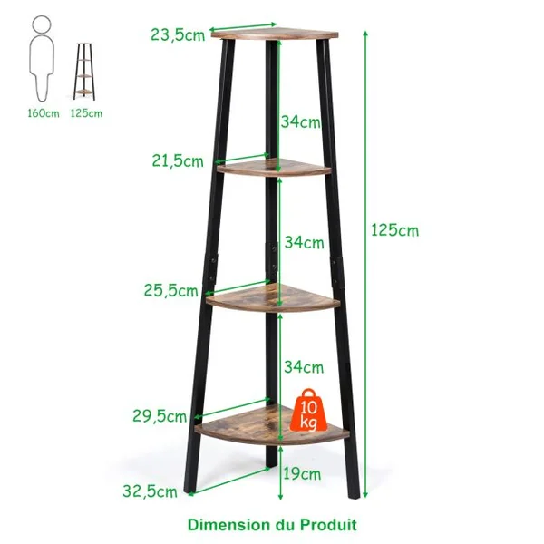 Étagère d'Angle Bibliothèque à 4 Niveaux 32,5 x 32,5 x 125 CM avec Cadre en Fer pour Maison Salon Chambre Balcon Rétro
