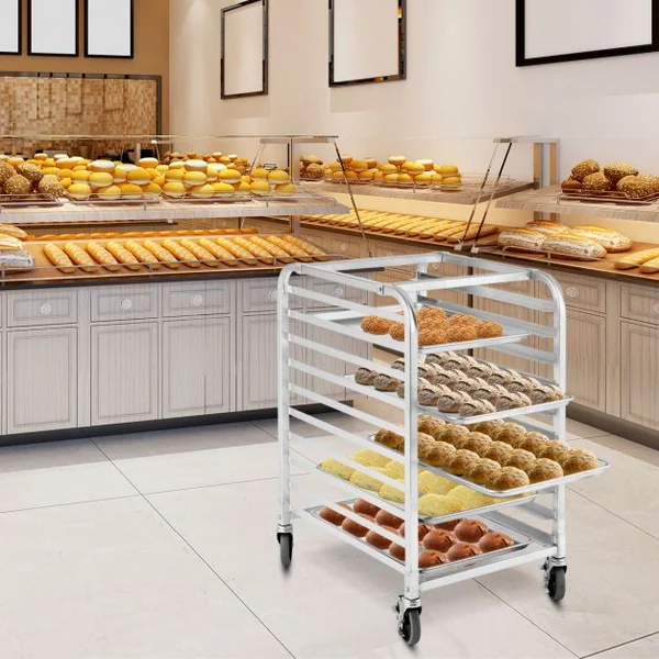 Étagère de Boulangerie en Aluminium à 10 Niveaux Étagère à Pain par Plaque Chariot de Refroidissement de Boulangerie avec Roulettes Verrouillables Argent