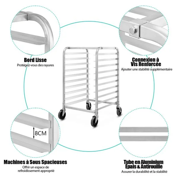 Étagère de Boulangerie en Aluminium à 10 Niveaux Étagère à Pain par Plaque Chariot de Refroidissement de Boulangerie avec Roulettes Verrouillables Argent