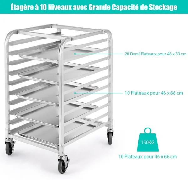 Étagère de Boulangerie en Aluminium à 10 Niveaux Étagère à Pain par Plaque Chariot de Refroidissement de Boulangerie avec Roulettes Verrouillables Argent
