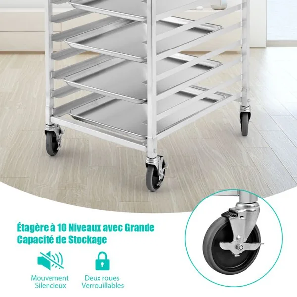 Étagère de Boulangerie en Aluminium à 10 Niveaux Étagère à Pain par Plaque Chariot de Refroidissement de Boulangerie avec Roulettes Verrouillables Argent
