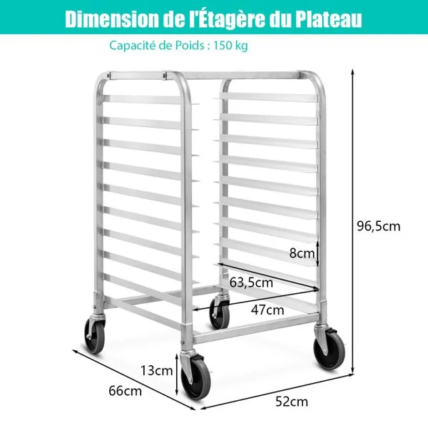 Étagère de Boulangerie en Aluminium à 10 Niveaux Étagère à Pain par Plaque Chariot de Refroidissement de Boulangerie avec Roulettes Verrouillables Argent