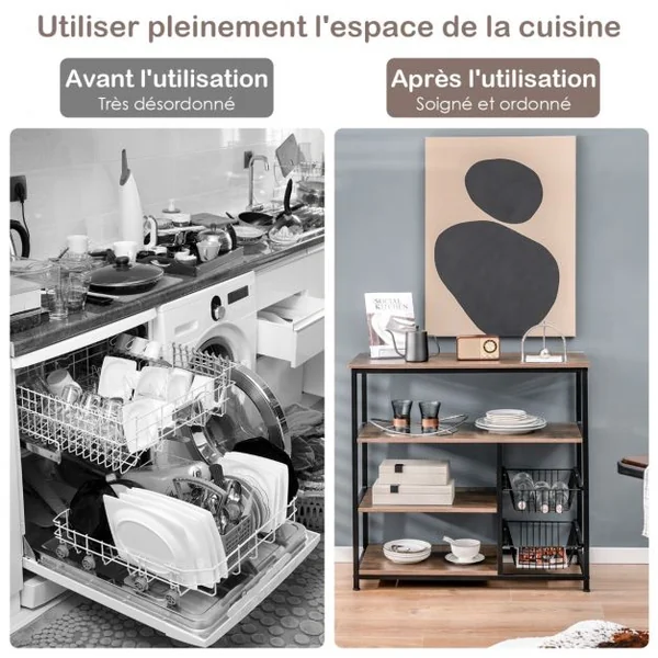 Étagère de Cuisine Industrielle avec 2 Paniers en Fil Métallique pour Pots à Épices Marron Rustique