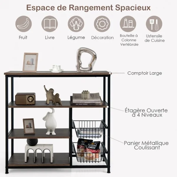 Étagère de Cuisine Industrielle avec 2 Paniers en Fil Métallique pour Pots à Épices Marron Rustique