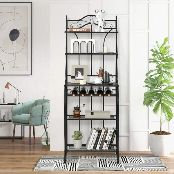 Étagère de Cuisine pour Four à Micro-ondes 63,5x41x173CM Meuble de Rangement 5 Niveaux avec Porte-bouteilles Large Comptoir