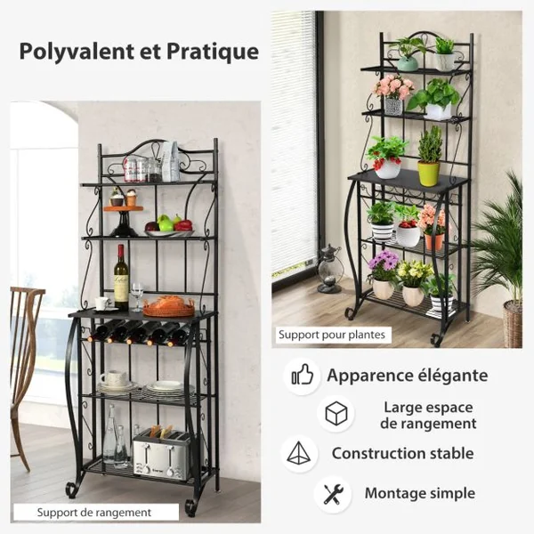 Étagère de Cuisine pour Four à Micro-ondes 63,5x41x173CM Meuble de Rangement 5 Niveaux avec Porte-bouteilles Large Comptoir
