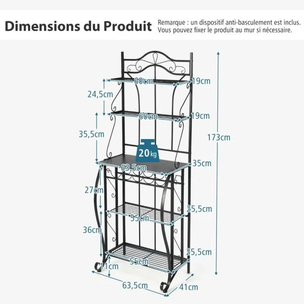 Étagère de Cuisine pour Four à Micro-ondes 63,5x41x173CM Meuble de Rangement 5 Niveaux avec Porte-bouteilles Large Comptoir