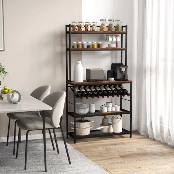 Étagère de Cuisine pour Four à Micro-Ondes avec Casier à Vin pour 10 Bouteilles Desserte de Cuisine avec Pieds Réglables Marron Rustique