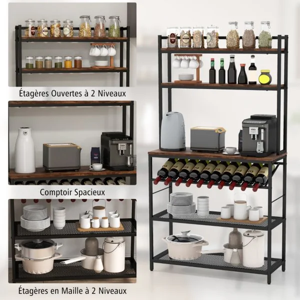 Étagère de Cuisine pour Four à Micro-Ondes avec Casier à Vin pour 10 Bouteilles Desserte de Cuisine avec Pieds Réglables Marron Rustique
