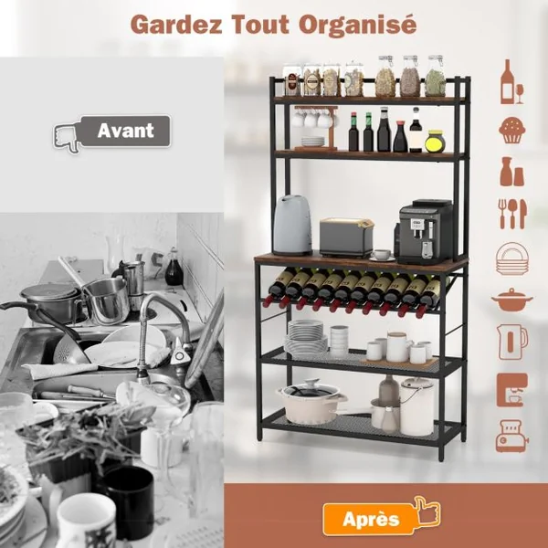 Étagère de Cuisine pour Four à Micro-Ondes avec Casier à Vin pour 10 Bouteilles Desserte de Cuisine avec Pieds Réglables Marron Rustique