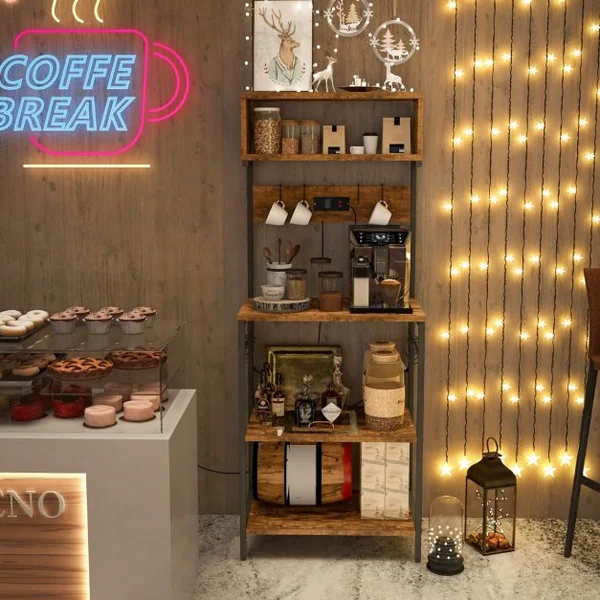Étagère de Cuisine Support pour Micro-ondes de 153 cm Etagères Ouvertes 10 Crochets de Suspension Marron Rustique