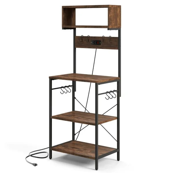 Étagère de Cuisine Support pour Micro-ondes de 153 cm Etagères Ouvertes 10 Crochets de Suspension Marron Rustique