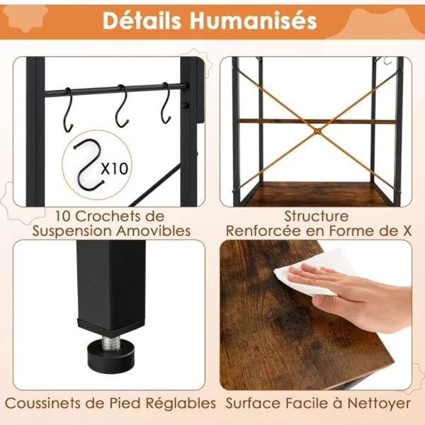 Étagère de Cuisine Support pour Micro-ondes de 153 cm Etagères Ouvertes 10 Crochets de Suspension Marron Rustique