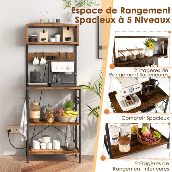 Étagère de Cuisine Support pour Micro-ondes de 153 cm Etagères Ouvertes 10 Crochets de Suspension Marron Rustique