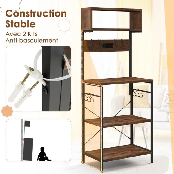 Étagère de Cuisine Support pour Micro-ondes de 153 cm Etagères Ouvertes 10 Crochets de Suspension Marron Rustique