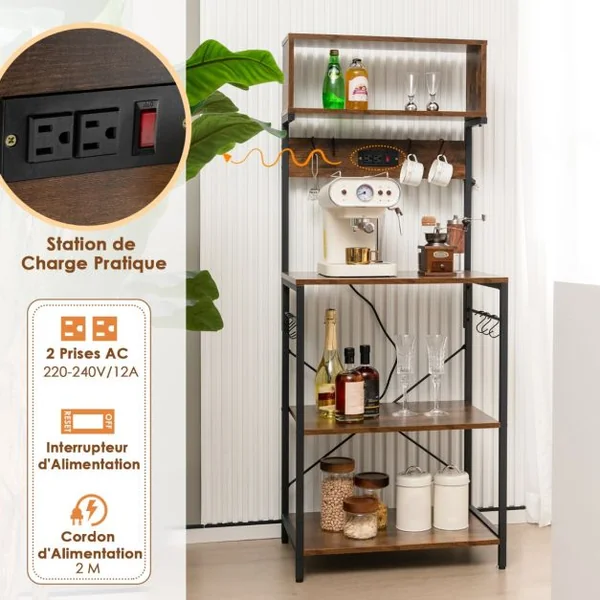 Étagère de Cuisine Support pour Micro-ondes de 153 cm Etagères Ouvertes 10 Crochets de Suspension Marron Rustique