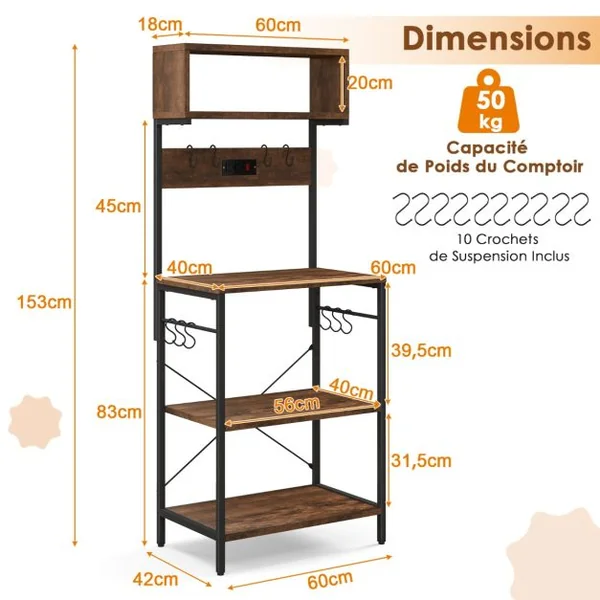 Étagère de Cuisine Support pour Micro-ondes de 153 cm Etagères Ouvertes 10 Crochets de Suspension Marron Rustique