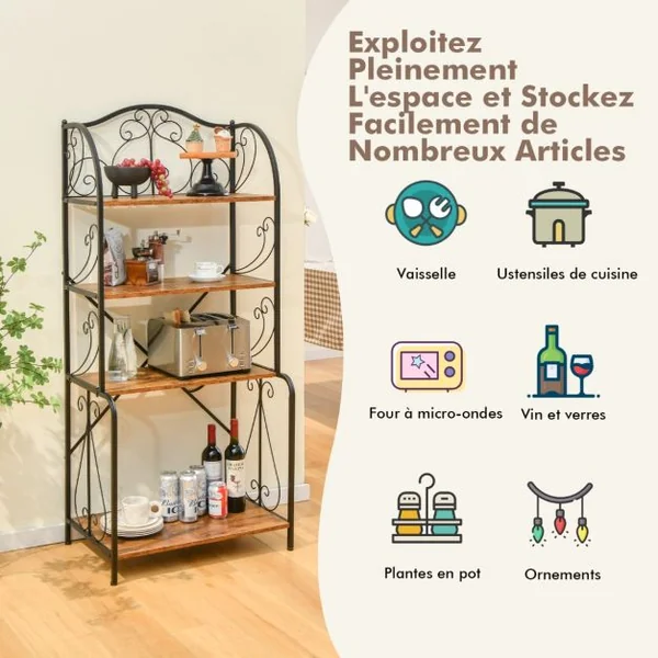 Étagère de cuisine à 4 niveaux en métal Style industriel Charge 20KG, 66,5 x 42 x 152,5 cm Marron