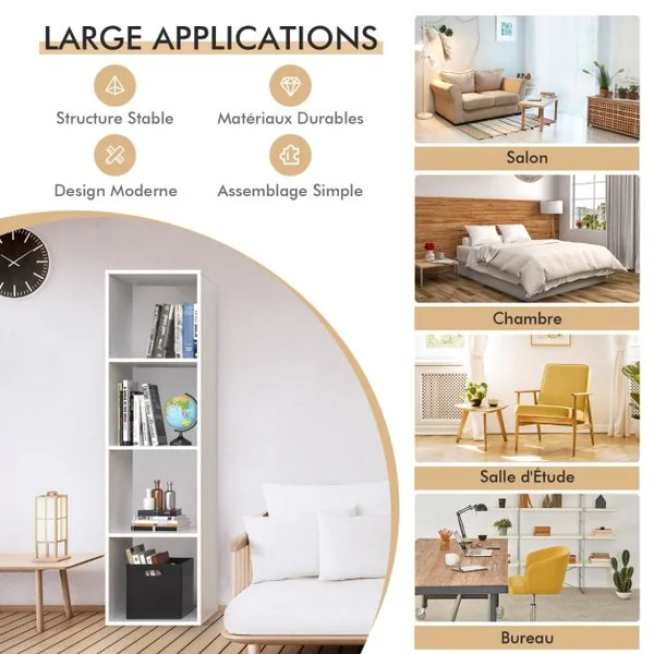 Étagère de Rangement 4 Niveaux avec Dispositif Anti-basculement pour Salon Chambre à Coucher Bureau