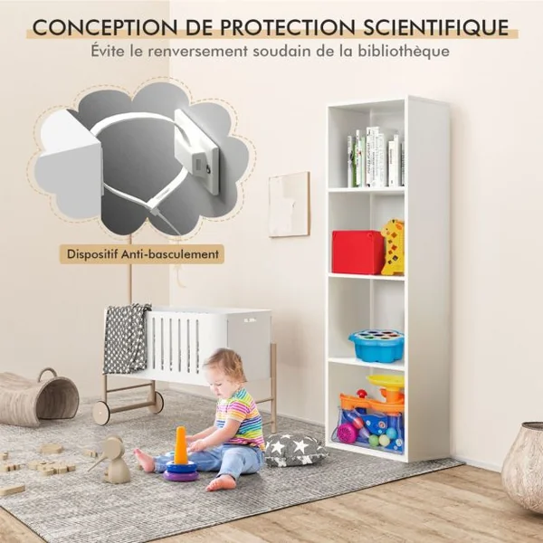 Étagère de Rangement 4 Niveaux avec Dispositif Anti-basculement pour Salon Chambre à Coucher Bureau