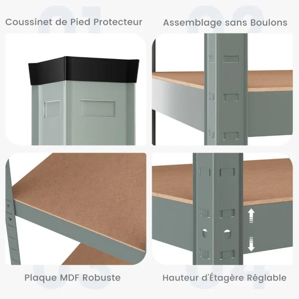 Étagère de Rangement 90x40x180CM avec 5 Tablettes Chaque Charge 175KG en Métal et Bois Gris