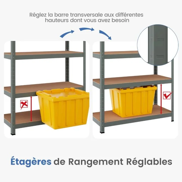 Étagère de Rangement 90x40x180CM avec 5 Tablettes Chaque Charge 175KG en Métal et Bois Gris