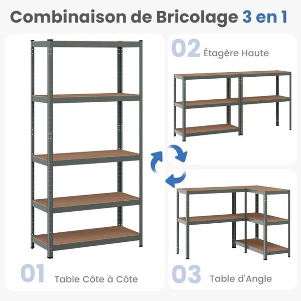 Étagère de Rangement 90x40x180CM avec 5 Tablettes Chaque Charge 175KG en Métal et Bois Gris