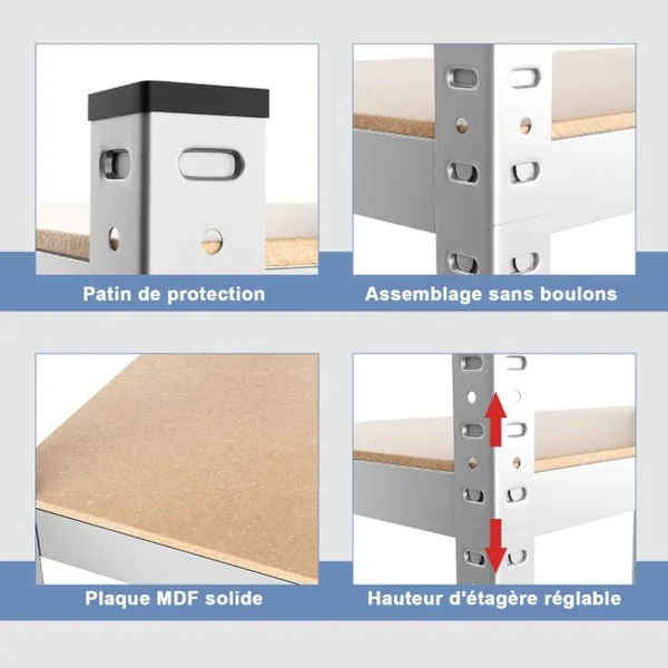 Étagère de Rangement 91x46x183CM avec 5 Tablettes Chaque Charge 175KG en Métal et Bois Argent