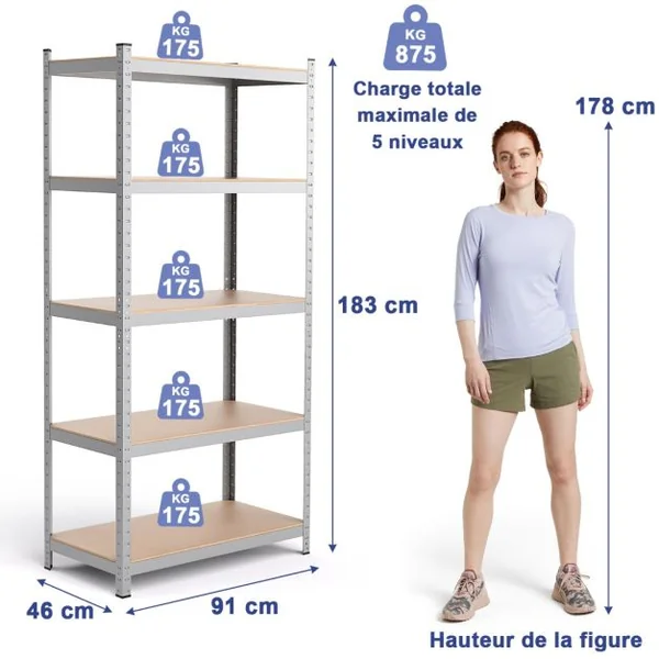 Étagère de Rangement 91x46x183CM avec 5 Tablettes Chaque Charge 175KG en Métal et Bois Argent